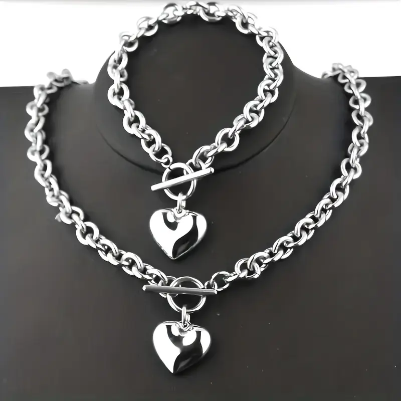  Collier et Bracelet avec Pendentif Cœur en Acier