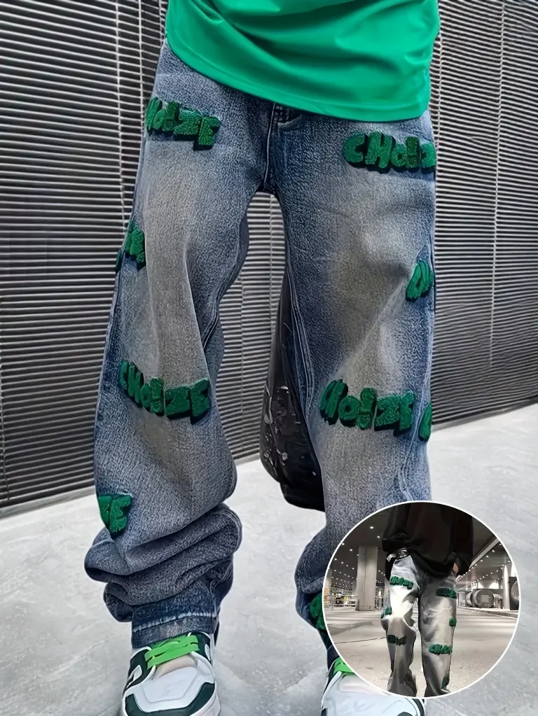 Jeans Droits pour Hommes avec Broderie