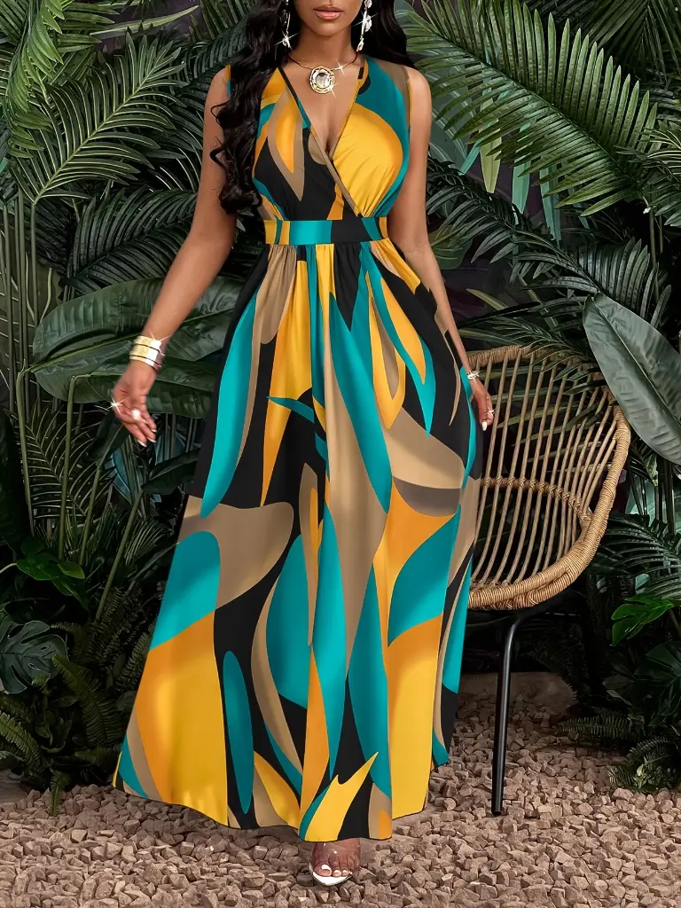 Robe Maxi Évasée à Imprimé Tropical