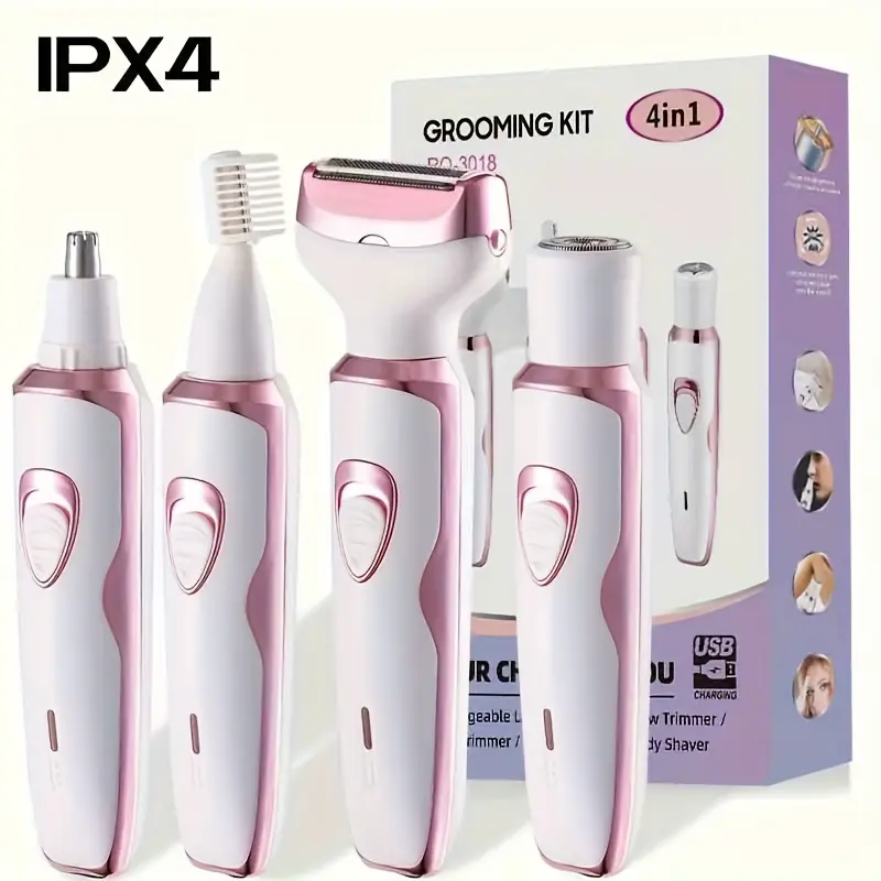 Rasoir Électrique pour Femmes, Kit de Toilettage 4-en-1 Rechargeable
