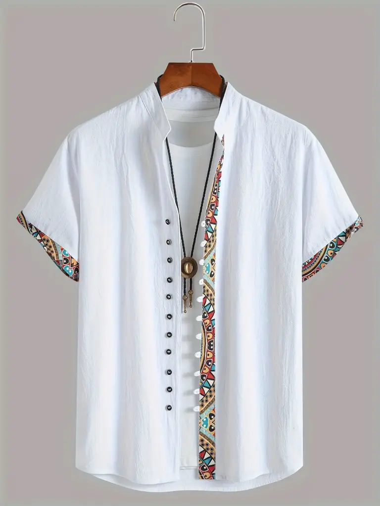 Chemise boutonnée à manches courtes à col montant en pur coton 