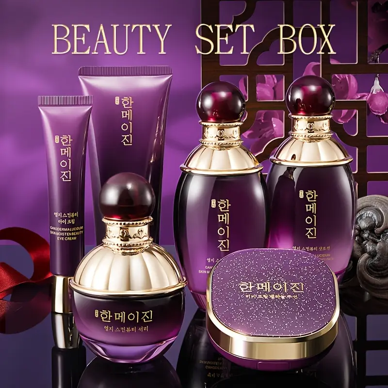6 pièces Coffret Beauté Hydratant Ganoderma Lucidum Beige Clair Coréen et Américain
