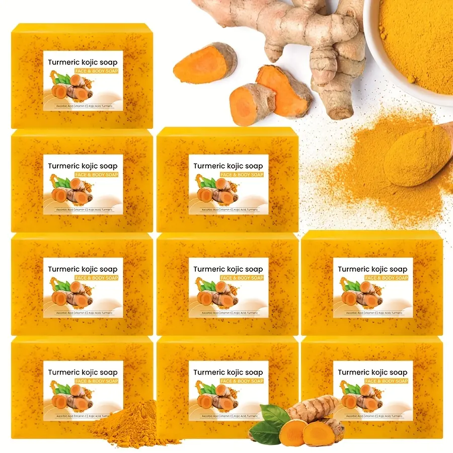 9 Bars de Savon à l'Acide Kojique au Curcuma + 4 Loofahs - Naturel, Sans Alcool, Vitamine E & C pour visage et corps