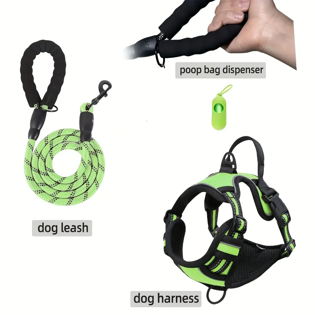 Harnais pour Chien Réglable avec Laisse et Distributeur de Sacs à Crotte