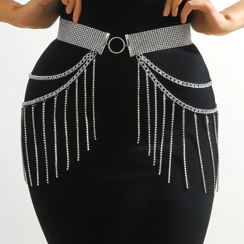 Ceinture élégante pour femme avec fente latérale et franges en strass