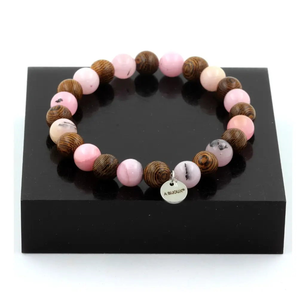 Bracelet Perles bois + Opale Rose 8 mm. Fabriqué en France