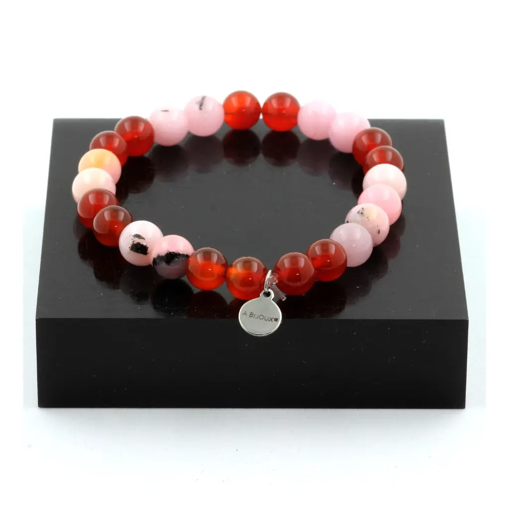 Bracelet Perles Opale Rose + Agate Rouge 8 mm. Fabriqué en France