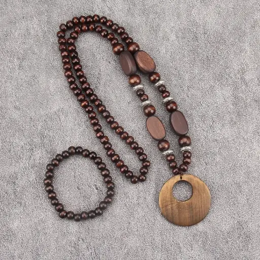  Ensemble de collier et bracelet en perles de bois 
