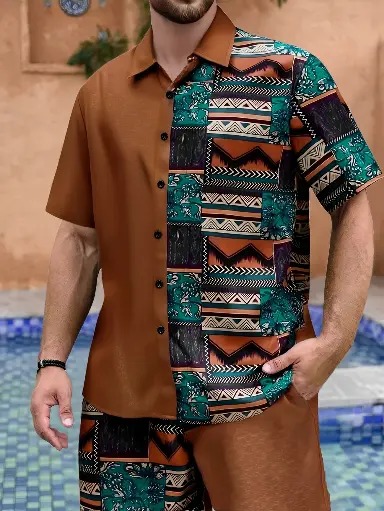 Ensemble Chemise à Manches Courtes et Shorts Patchwork 