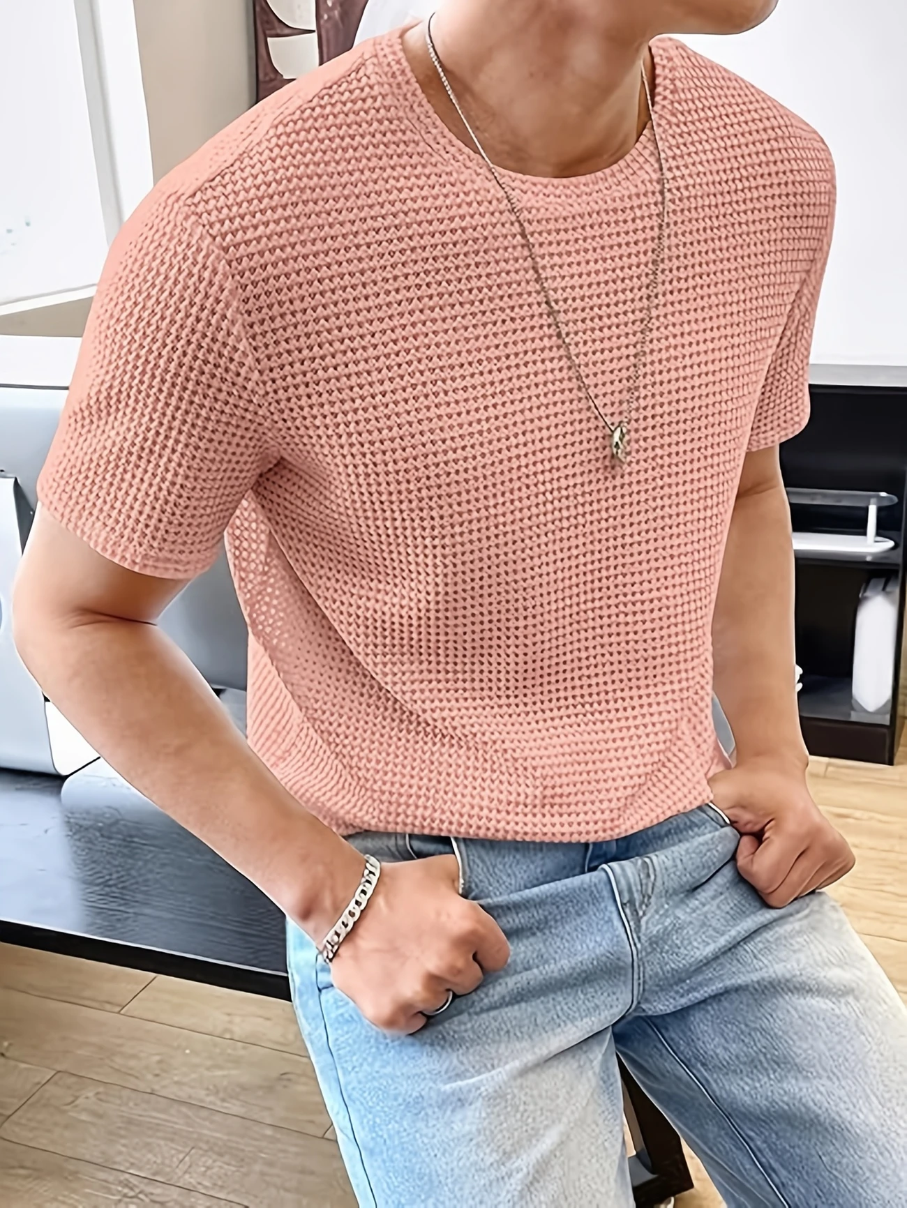 Pullover en tricot à col rond de couleur unie pour homme 