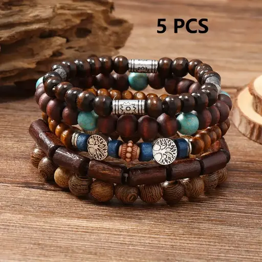  Bracelets en Perles de Bois 5PCS