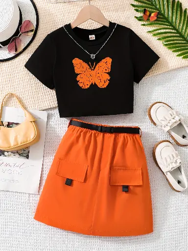 2pcs, Ensemble Haut à Manches Courtes Motif Papillon