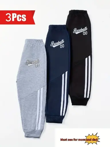 3 pièces de Pantalons Sport Garçons à Rayures et Poignets Contrastés.