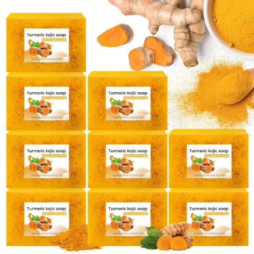 9 Bars de Savon à l'Acide Kojique au Curcuma + 4 Loofahs - Naturel, Sans Alcool, Vitamine E & C pour visage et corps