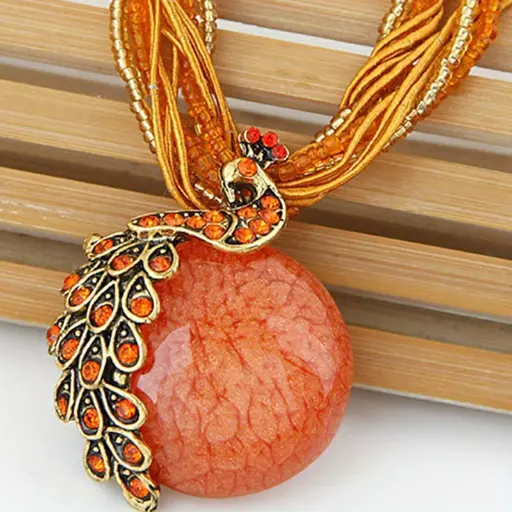 Collier pendentif vintage bohème feuille & paon 