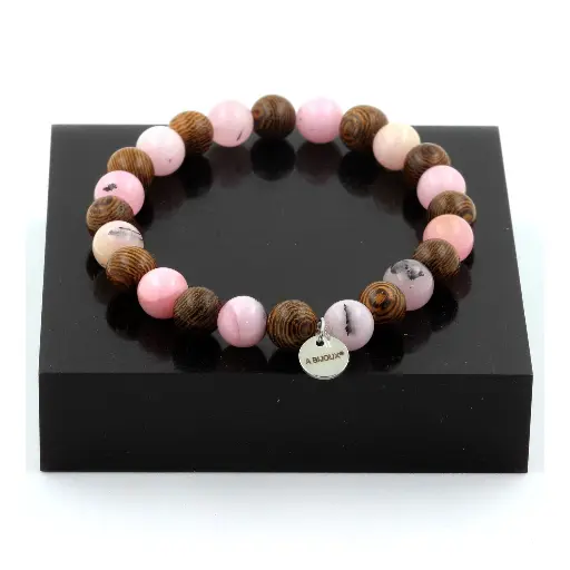 Bracelet Perles bois + Opale Rose 8 mm. Fabriqué en France