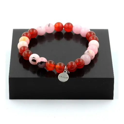 Bracelet Perles Opale Rose + Agate Rouge 8 mm. Fabriqué en France