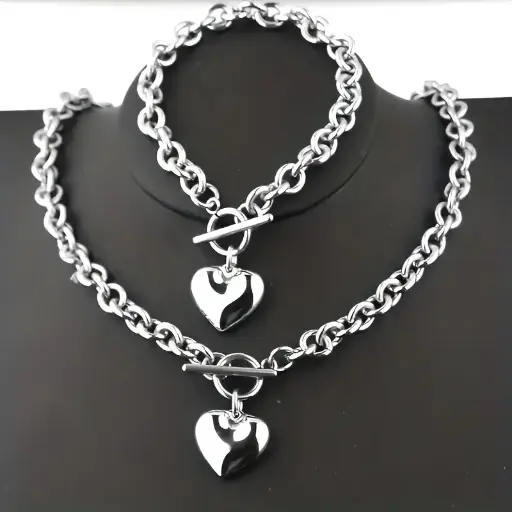  Collier et Bracelet avec Pendentif Cœur en Acier
