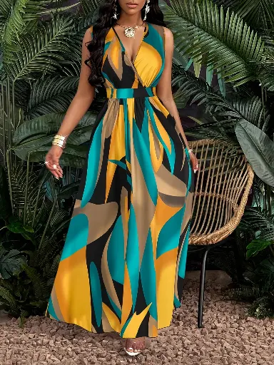 Robe Maxi Évasée à Imprimé Tropical